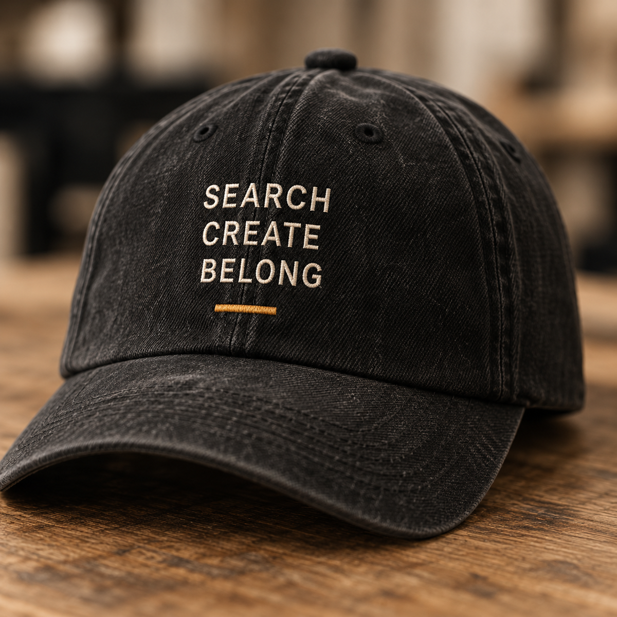 Concept illustration for the Merch Cartel About page: embroidered charcoal cap